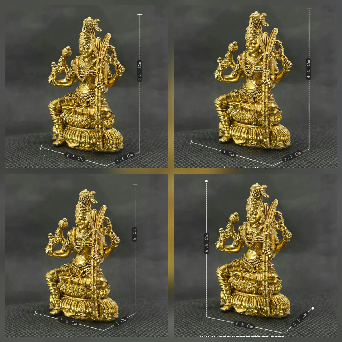 Four-quadrant collage photo demonstrating all available size variations of the solid brass seated Lalitha Tripura Sundari statue in a single frame to compare micro altar scales by Sri Swaminathan and Co.