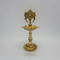 Front presentation view displaying the matching pair of 25cm brass Shanku and Chakra standing kuthu vilakkus side-by-side on a white background.