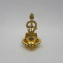 Straight front view of a single brass Tamil Om Vel Murugan altar diya showcasing the detailed pearl dot design and clean script highlights by Sri Swaminathan and Co.