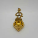 High angle top-down view looking directly into the smooth brass Murugan diya basin highlighting the single-spout wick nose projection.