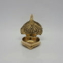 Straight front profile view of the 11cm premium brass Tiruman Namam Nalla Vilakku showing the heart-shaped oil bowl and fixed prabhavali arch on a white background by Sri Swaminathan and Co.