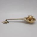 Side view of pure brass long handle camphor arati spoon showing the bottom legs for ground clearance and the elevated center kumizh cup