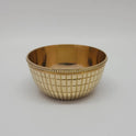 Straight front profile view of the fifty milliliter small brass checked pattern katori cup showcasing the clear texture lines and stepped circular base platform