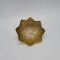 Direct top-down view looking into the 10cm floral lotus blossom brass bowl highlighting the intricate textured leaf matrices engraved on the interior basin