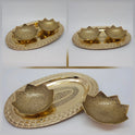 Multi-angle presentation collage displaying the 10cm lotus shaped engraved brass bowls arranged with a decorative serving tray to practically demonstrate use.