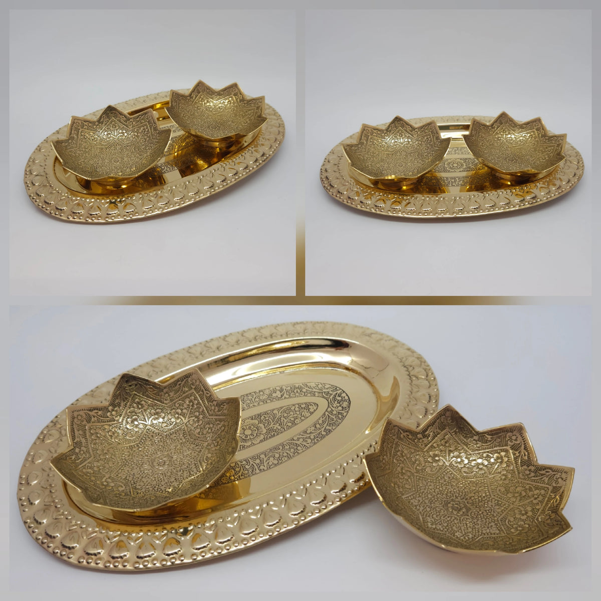 Multi-angle presentation collage displaying the 10cm lotus shaped engraved brass bowls arranged with a decorative serving tray to practically demonstrate use.