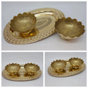 Multi-angle presentation collage displaying the 9.5cm sunflower shaped engraved brass bowls arranged with a decorative serving tray to practically demonstrate use.