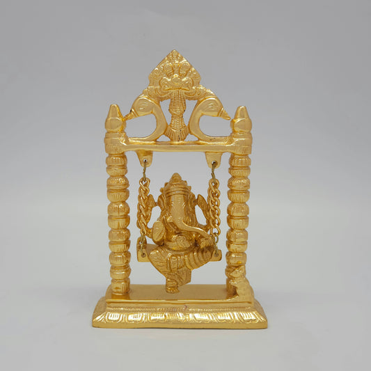 Front view of a 19cm premium gold powder-coated solid brass Ganesha statue on a hanging swing by Sri Swaminathan and Co