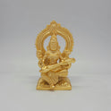 Front view of a 14.5cm premium gold powder-coated solid brass Goddess Saraswati statue playing a veena with a traditional halo arch by Sri Swaminathan and Co.