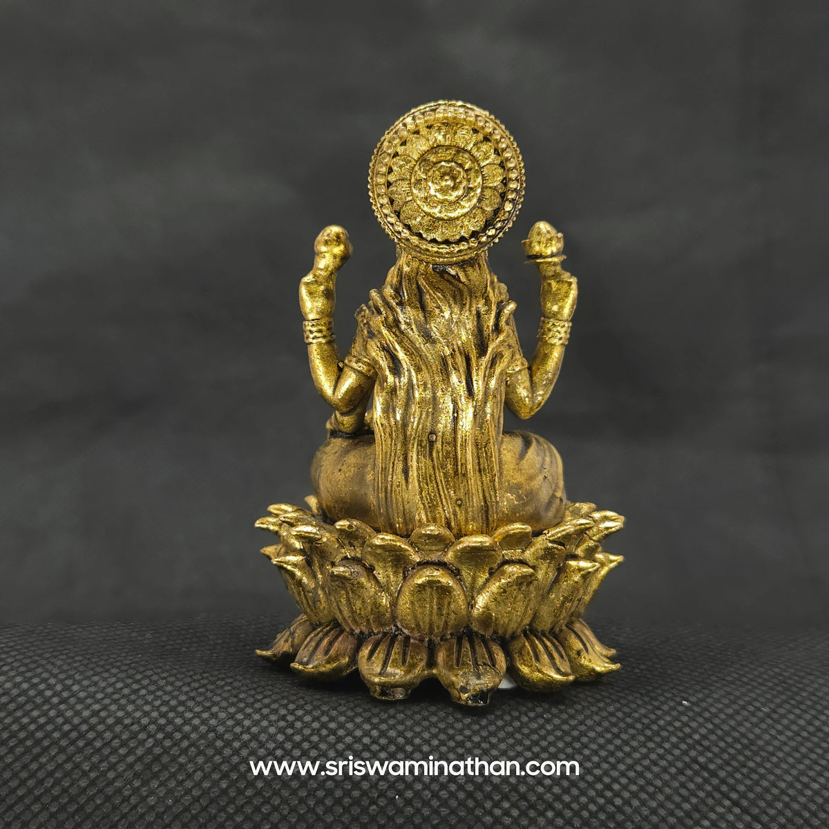 Direct straight back view of the solid brass Aishwarya Lakshmi statue demonstrating the detailed rear surface of the sunburst halo crown and back hair arrangement.