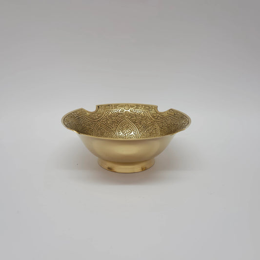 Straight front view of a single 12.5cm intricate floral engraved scalloped brass bowl showcasing its steady pedestal foot base by Sri Swaminathan and Co.