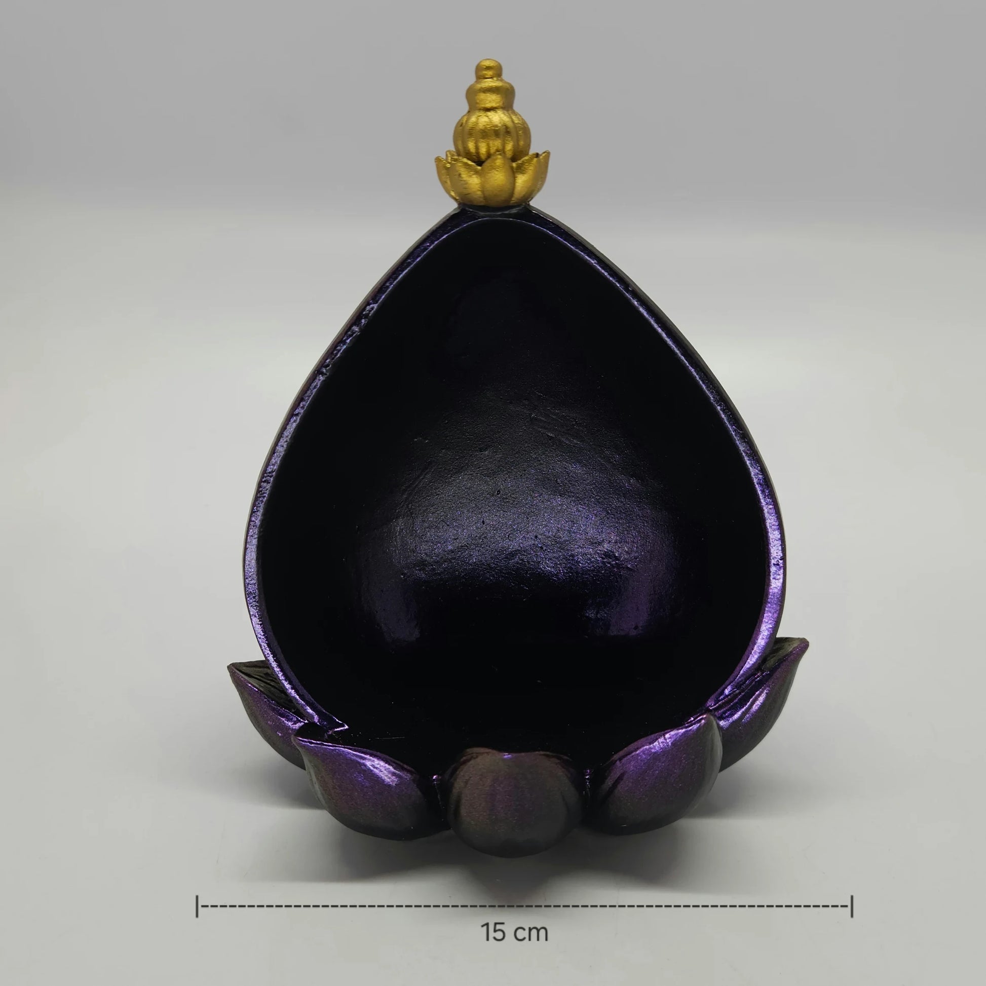 Front view of the empty 18.5cm metallic purple lotus leaf back stand showing the wide 15cm circular base line