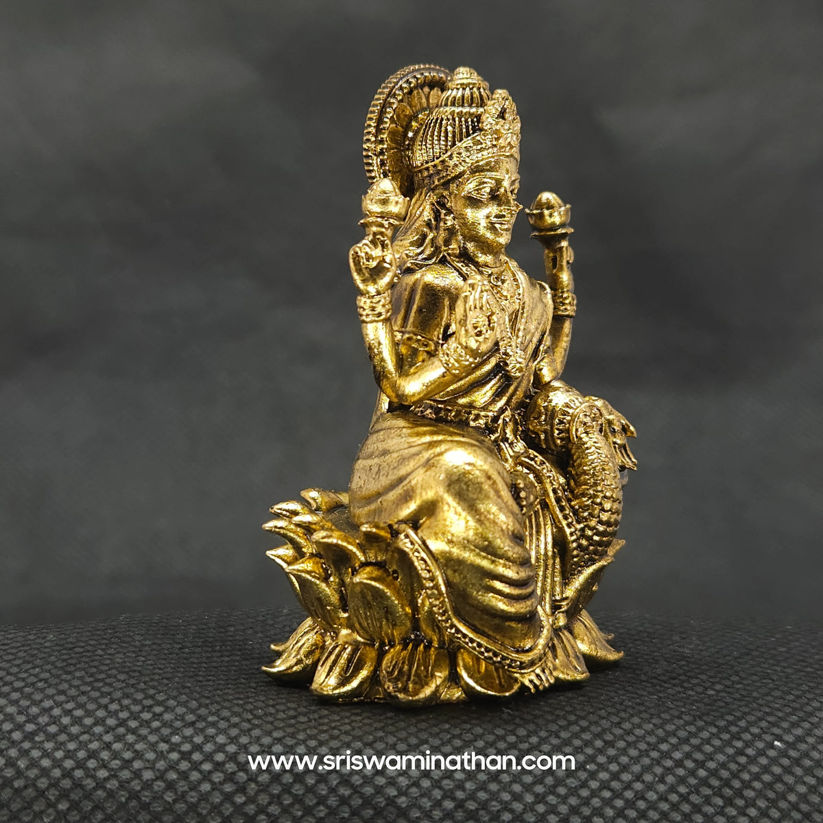 Three-quarter front left perspective view of the solid brass Aishwarya Lakshmi statue highlighting her lengthy hair curls and the deep three-dimensional thickness of the casting.