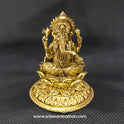 Straight front view of the premium solid brass Ganesha statue showing the Lord seated in Padmasana on an intricately carved round lotus peedam base by Sri Swaminathan and Co.
