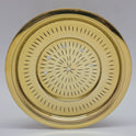  Direct overhead top down front view of the premium brass kanji vadicattu plate showing the central strainer holes and radiating chiseled line patterns by Sri Swaminathan and Co.
