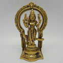 Direct straight front view of the premium solid brass Lord Murugan statue inside an ornate circular Prabhavali archway by Sri Swaminathan and Co.
