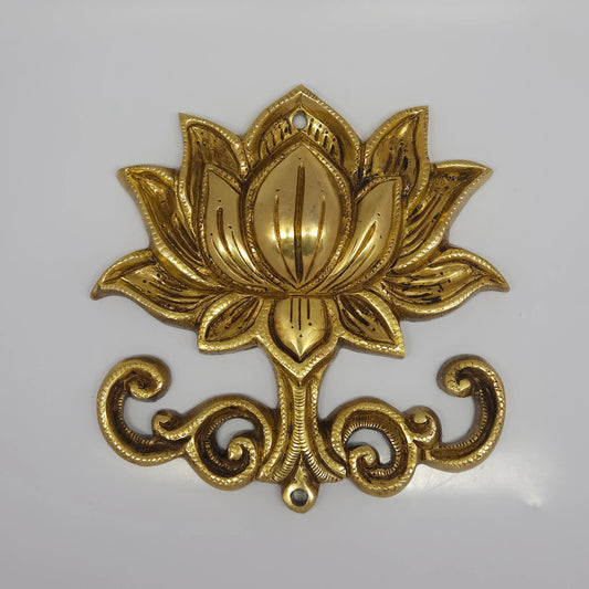 Direct straight front profile view of the premium solid brass lotus medallion wall decor showing the top and bottom screw mounting holes by Sri Swaminathan and Co.
