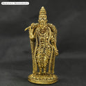 Straight front view of the premium solid brass Madurai Meenakshi amman statue showing the goddess standing with her sacred parrot on a round lotus peedam base by Sri Swaminathan and Co.
