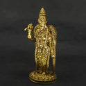 Three-quarter front right perspective view of the premium solid brass Madurai Meenakshi amman statue showcasing the detailed lines of her sacred parrot and ornate jewelry