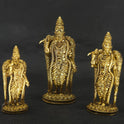 Front perspective view showcasing three different available size variations of the solid brass Madurai Meenakshi amman statue standing side by side to compare altar scales.
