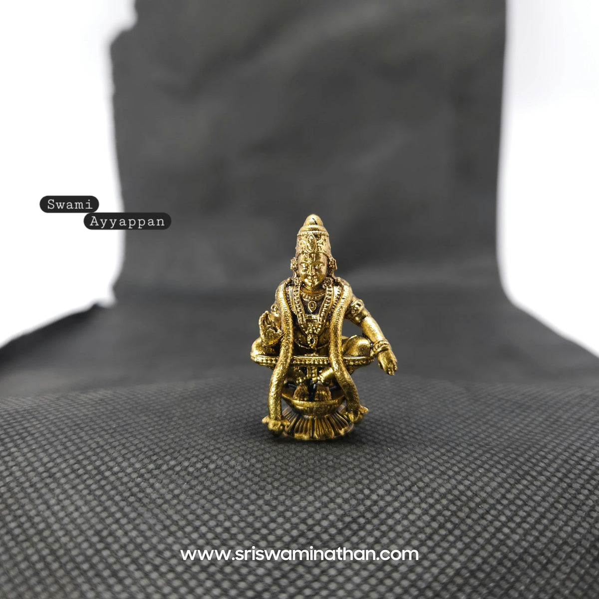 Straight front view of the premium solid brass seated Swami Ayyappan statue showing the Lord in Yogabandhasana with the meditative knee band on a lotus base by Sri Swaminathan and Co.