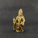 Three-quarter front right perspective view of the brass Swami Ayyappan statue showcasing his open palm blessing posture and the detailed weave of the yogapatta knee band.