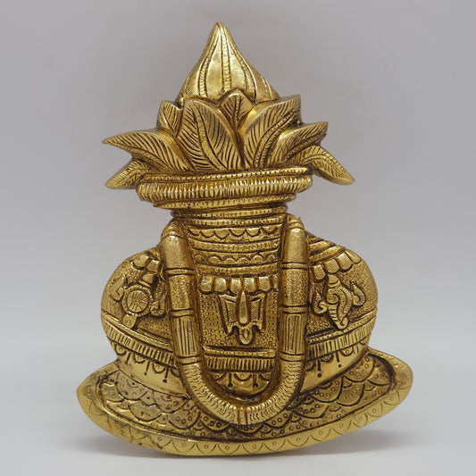 Direct straight front view of the premium solid brass Venkateswara Purna Kumbham wall decor panel showcasing the ornate Tirupati garland layout by Sri Swaminathan and Co.