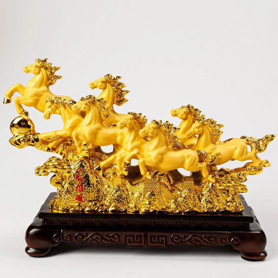 33cm premium luxury gold paint finish resin Feng Shui eight horses victory statue charging over a golden mountain base on a dark pedestal by Sri Swaminathan and Co.