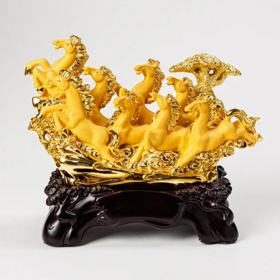 22cm premium luxury gold paint finish resin Feng Shui eight horses victory statue charging under a golden wealth tree on a dark pedestal by Sri Swaminathan and Co