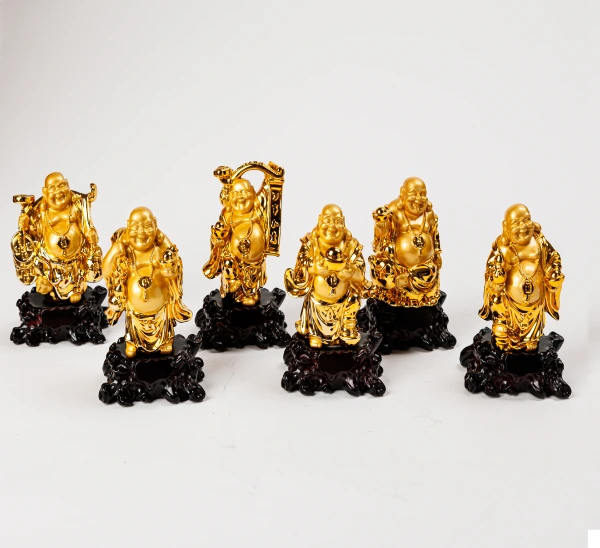 Set of six 11.5cm premium high-gloss gold paint finish resin Laughing Buddha statues in various prosperity poses on dark bases by Sri Swaminathan and Co.