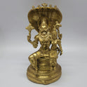 Front view of a 30cm premium handmade solid cast brass Lord Lakshmi Narasimha Swamy statue seated under the Adisesha serpent canopy by Sri Swaminathan and Co.