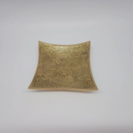 Three-quarter perspective front view of a single 12.5cm royal square mandala brass feast bowl highlighting its sweeping concave walls by Sri Swaminathan and Co.
