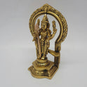 Three-quarter front right perspective view of the six point nine inch brass Karthikeyan statue highlighting the peacock vehicle and stepped base pedestal.
