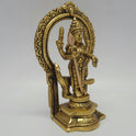 • 
 Close up centered front view of the seventeen point five centimeter brass Tamil Kadavul Vadivelan statue showcasing his sacred Vel and traditional crown attributes.

