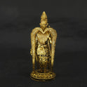 Direct straight back view of the three inch solid brass Madurai Meenakshi amman statue demonstrating the detailed rear surface of her crown and back hair arrangement over the round base.