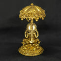 Direct straight back view of the two and a half inch solid brass Lakshmi statue with a Kudai canopy demonstrating the detailed rear surface of the umbrella dome and back hair curls