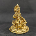 Three-quarter front right perspective view of the brass Aishwarya Lakshmi statue showcasing her lengthy hair curls and the textured details of her traditional dress.