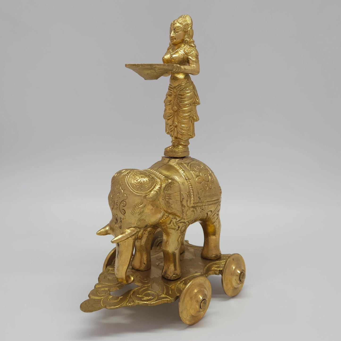 Sri Swaminathan and Co premium handmade brass Deepalakshmi on Gaja chariot vilakku 10-inch 26cm height 2.2kg weight 45-degree front left side profile view size guide