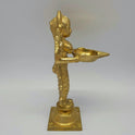 Sri Swaminathan and Co brass Deepalakshmi Pavai Vilakku lamp side posture view facing right side highlighting pleated dress folds and casting thickness