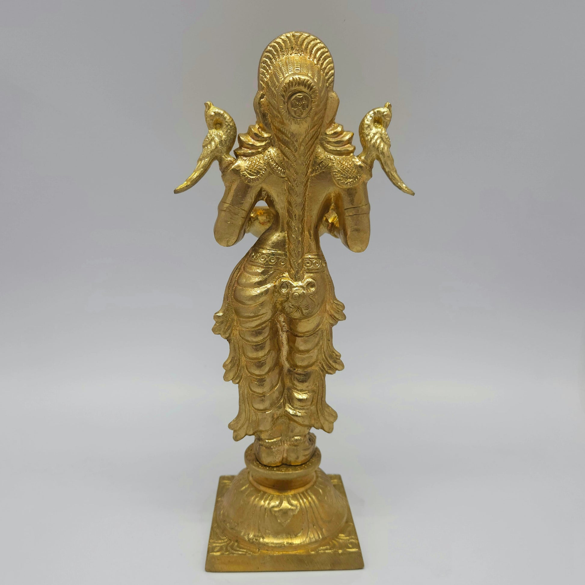 Sri Swaminathan and Co brass Deepalakshmi Pavai Vilakku lamp with shoulder parrots full rear back view showing reverse of fanned hair structure