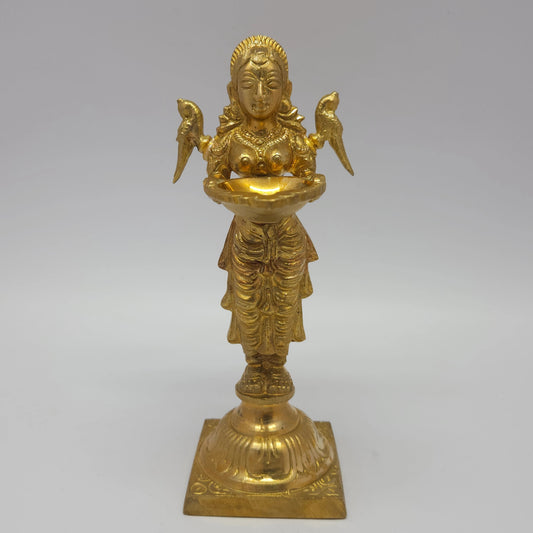 Sri Swaminathan and Co premium brass Deepalakshmi Pavai Vilakku oil lamp with symmetrical shoulder parrots front straight profile view size guide