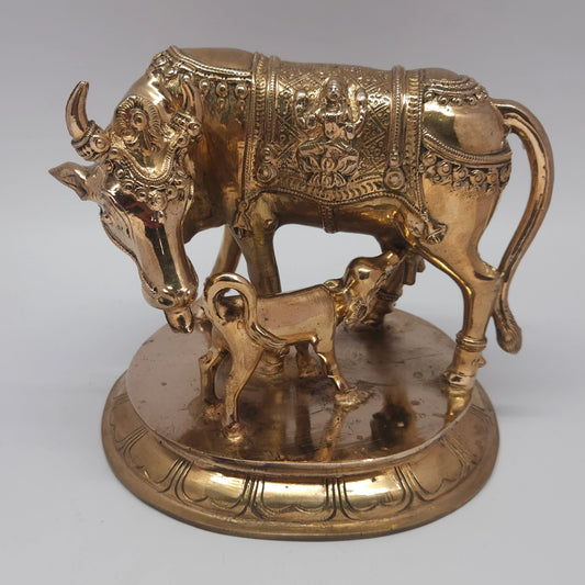  Sri Swaminathan and Co premium handcraft style Panchaloha Kamadhenu sacred cow and calf statue 16cm height 19cm length 4kg weight straight pose front view size guide