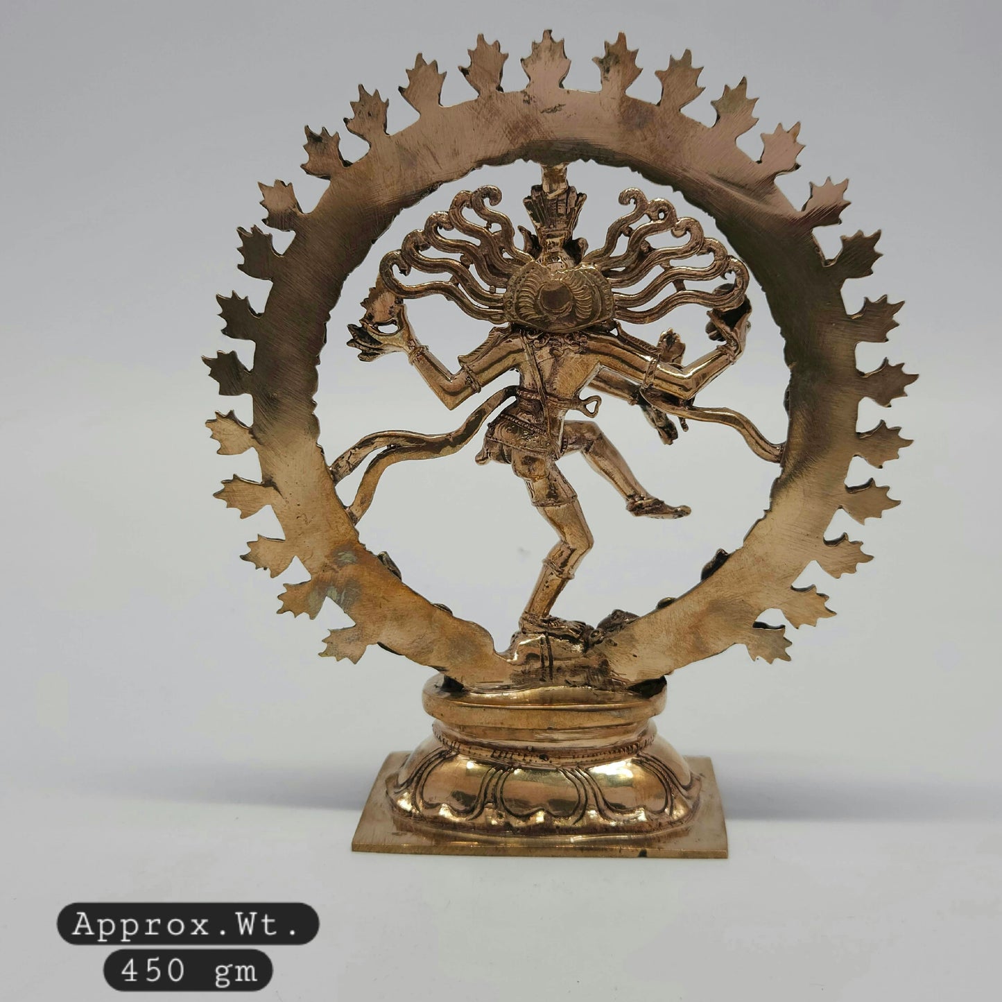 Sri Swaminathan and Co handcraft style Panchaloha Nataraja statue 15cm height back pose rear view showing reverse of fanned jata hair braids and square peedam