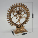 Sri Swaminathan and Co handcraft style Panchaloha Nataraja statue 15cm height 45 degree left pose corner view highlighting thiruvasi flame halo and damaru drum