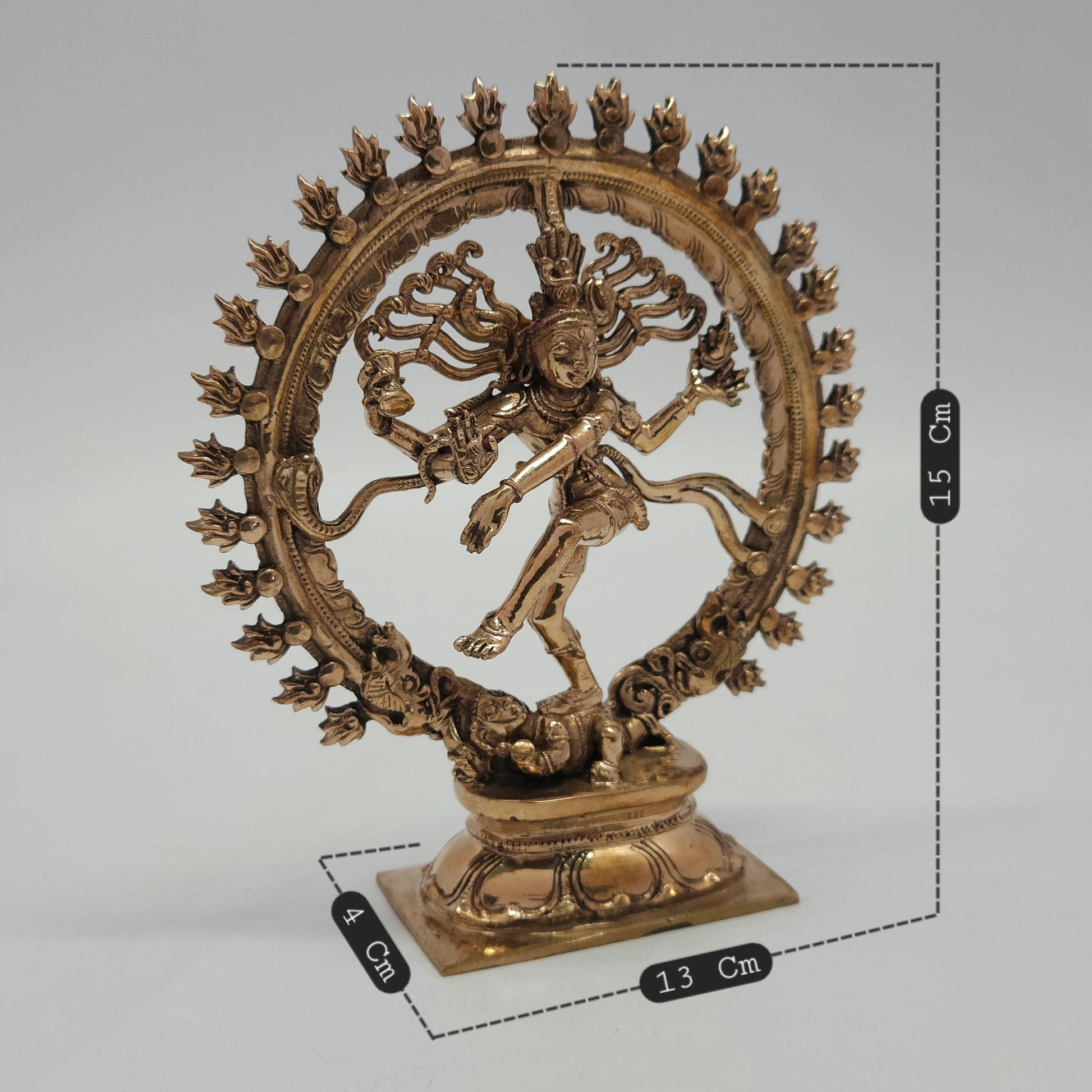 Sri Swaminathan and Co handcraft style Panchaloha Nataraja statue 15cm height 45 degree left pose corner view highlighting thiruvasi flame halo and damaru drum