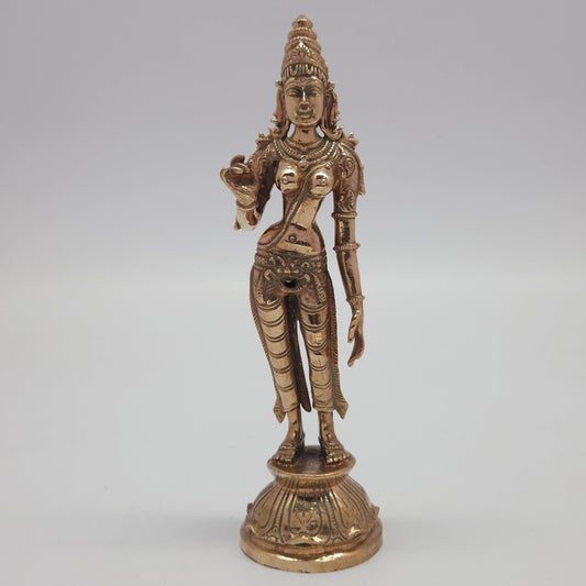 Sri Swaminathan and Co premium handcraft style Panchaloha Sivagami Amman standing statue 15cm height 4.5cm length 250gm weight straight pose front detailed view