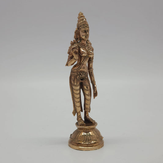 Sri Swaminathan and Co handcraft style Panchaloha Sivagami Amman statue 15cm height 45 degree left pose corner view highlighting mudra hand and torso contours