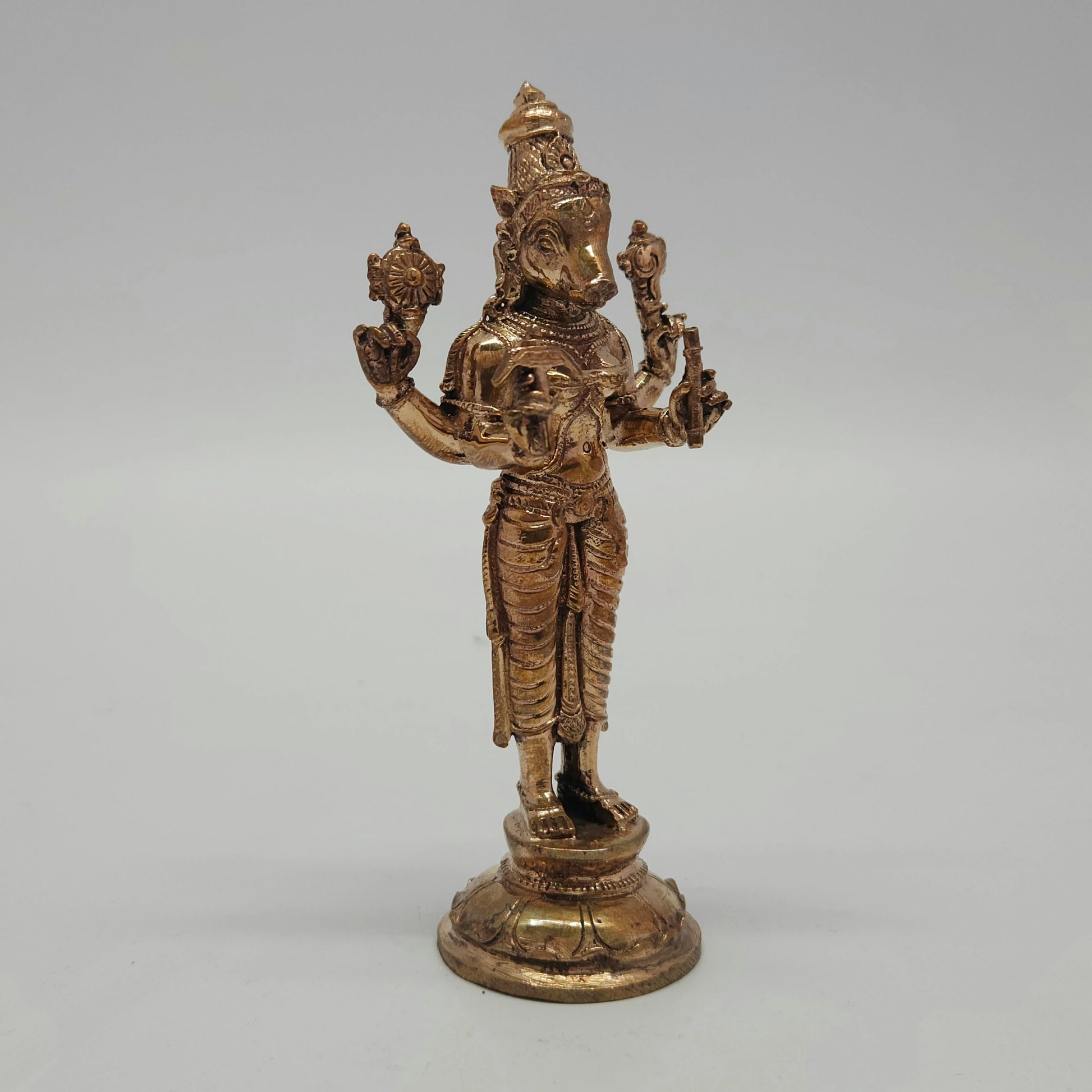 Sri Swaminathan and Co handcraft style Panchaloha Varahi Amman statue 13cm height 45 degree left pose corner view highlighting boar face features and chakra details