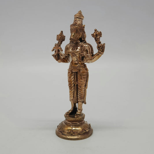 Sri Swaminathan and Co handcraft style Panchaloha Varahi Amman statue 13cm height 45 degree right pose corner view focusing on conch shell hand and lotus peedam base