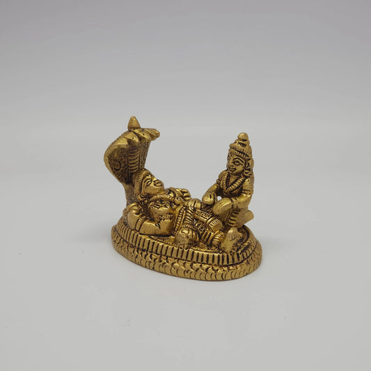 Sri Swaminathan and Co brass Ranganatha perumal statue antique finish 200g weight 45 degree right pose corner view focusing on Goddess Mahalakshmi seated near the feet profile and base depth